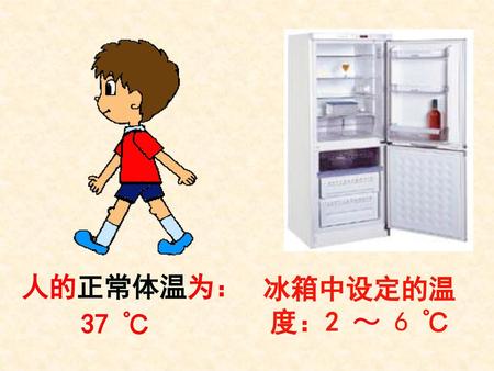 人的正常体温为： 冰箱中设定的温 度：2 ～ 6 ℃ 37 ℃.