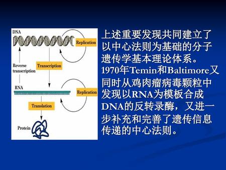 上述重要发现共同建立了以中心法则为基础的分子遗传学基本理论体系。1970年Temin和Baltimore又同时从鸡肉瘤病毒颗粒中发现以RNA为模板合成DNA的反转录酶，又进一步补充和完善了遗传信息传递的中心法则。