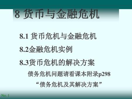 8 货币与金融危机 8.1 货币危机与金融危机 8.2金融危机实例 8.3货币危机的解决方案 债务危机问题请看课本附录p298