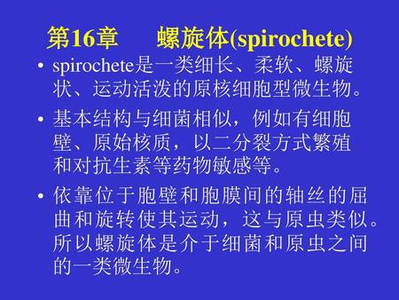 第16章 螺旋体(spirochete) spirochete是一类细长、柔软、螺旋状、运动活泼的原核细胞型微生物。