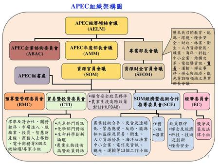APEC組織架構圖 APEC經濟領袖會議 (AELM) APEC企業諮詢委員會 (ABAC) APEC年度部長會議 (AMM) 專業部長會議
