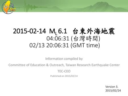 ML 6.1 台東外海地震 04:06:31 (台灣時間) 02/13 20:06:31 (GMT time)