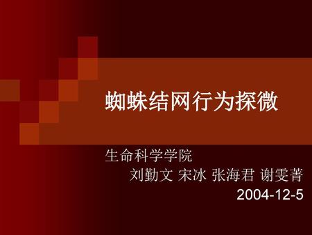 蜘蛛结网行为探微 生命科学学院 刘勤文 宋冰 张海君 谢雯菁 2004-12-5.