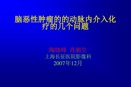 脑恶性肿瘤的的动脉内介入化疗的几个问题 陶晓峰 肖湘生 上海长征医院影像科 2007年12月.