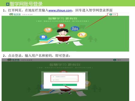 智学网账号登录 1、打开网页，在地址栏里输入www.zhixue.com，回车进入智学网登录界面 2、点击登录，输入用户名和密码，即可登录：