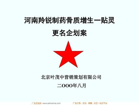 河南羚锐制药骨质增生一贴灵 更名企划案 北京叶茂中营销策划有限公司 二OOO年八月.