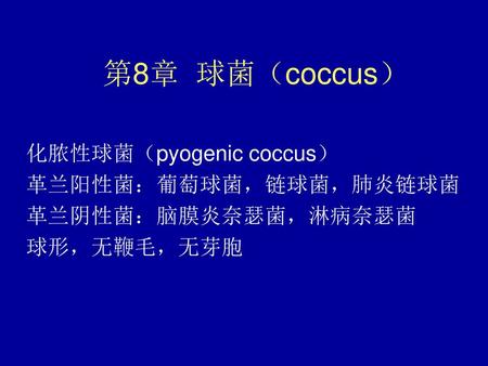 第8章 球菌（coccus） 化脓性球菌（pyogenic coccus） 革兰阳性菌：葡萄球菌，链球菌，肺炎链球菌