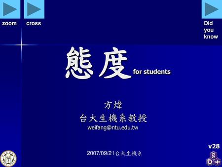 方煒 台大生機系教授 weifang@ntu.edu.tw zoom cross Did you know 態度for students 方煒 台大生機系教授 weifang@ntu.edu.tw v28 2007/09/21台大生機系.