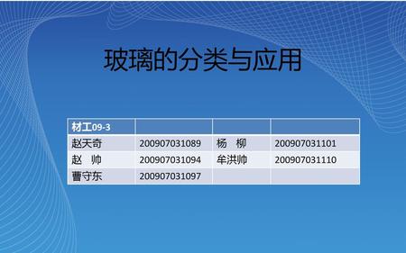 玻璃的分类与应用 材工09-3 赵天奇 杨 柳 赵 帅 牟洪帅