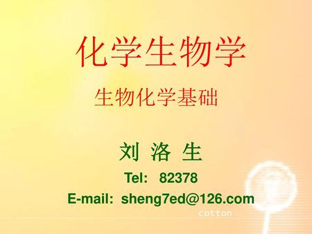 化学生物学 生物化学基础 刘 洛 生 Tel: 82378 E-mail: sheng7ed@126.com.