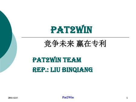 Pat2Win 竞争未来 赢在专利 Pat2Win Team REP.: Liu BinQiang 2011-12-5 Pat2Win.