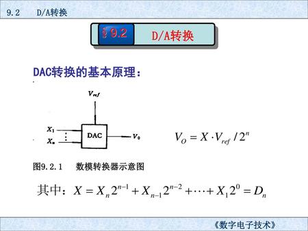 9.2 D/A转换 §9.2 D/A转换 DAC转换的基本原理： 图9.2.1 数模转换器示意图 《数字电子技术》