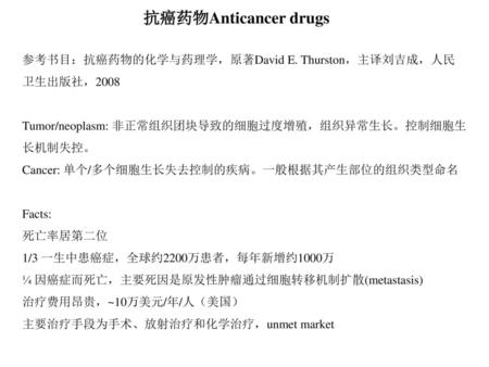 抗癌药物Anticancer drugs 参考书目：抗癌药物的化学与药理学，原著David E. Thurston，主译刘吉成，人民卫生出版社，2008 Tumor/neoplasm: 非正常组织团块导致的细胞过度增殖，组织异常生长。控制细胞生长机制失控。 Cancer: 单个/多个细胞生长失去控制的疾病。一般根据其产生部位的组织类型命名.