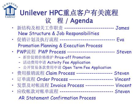 Unilever HPC重点客户有关流程 议 程 / Agenda