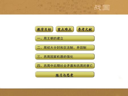 重点难点 教学目标 参考文献 练习与思考 一、周王朝的建立 二、周初大分封和宗法制、井田制 三、西周国家机器的强化