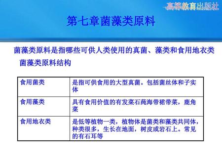 第七章菌藻类原料 高等教育出版社 菌藻类原料是指哪些可供人类使用的真菌、藻类和食用地衣类 菌藻类原料结构 食用菌类