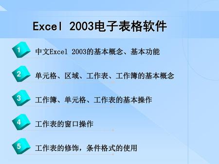 Excel 2003电子表格软件 1 中文Excel 2003的基本概念、基本功能 2 单元格、区域、工作表、工作簿的基本概念 3