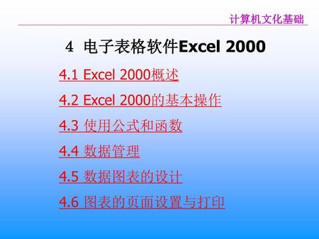 ４ 电子表格软件Excel Excel 2000概述 4.2 Excel 2000的基本操作 4.3 使用公式和函数