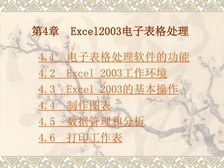 第4章  Excel2003电子表格处理 4.1　电子表格处理软件的功能 4.2　Excel 2003工作环境