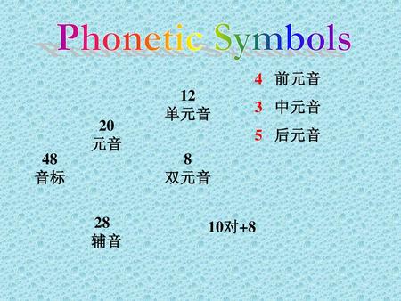 Phonetic Symbols 4 前元音 3 中元音 5 后元音 12 单元音 20 元音 48 音标 8 双元音 10对+8 辅音