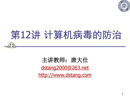 主讲教师：唐大仕 dstang2000@263.net http://www.dstang.com 第12讲 计算机病毒的防治 主讲教师：唐大仕 dstang2000@263.net http://www.dstang.com.