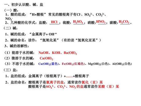 1、酸的组成：“H+酸根” 常见的酸根离子有Cl-、SO42-、CO32-、NO3-