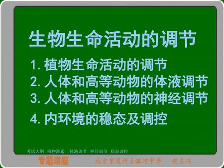 生物生命活动的调节 1.植物生命活动的调节 2.人体和高等动物的体液调节 3.人体和高等动物的神经调节 4.内环境的稳态及调控 稳态调控