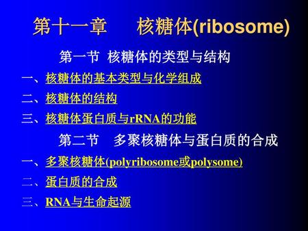 第十一章 核糖体(ribosome) 第一节 核糖体的类型与结构 第二节 多聚核糖体与蛋白质的合成 一、核糖体的基本类型与化学组成