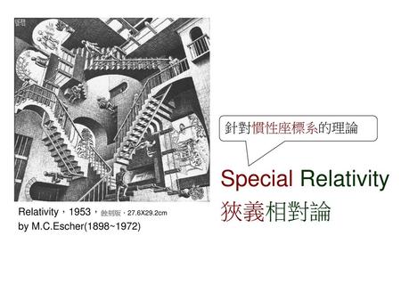 Special Relativity 狹義相對論 針對慣性座標系的理論 Relativity，1953，蝕刻版，27.6X29.2cm