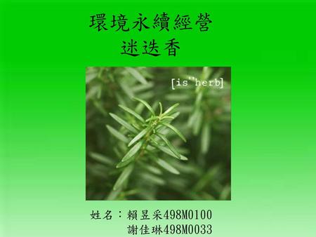 環境永續經營 迷迭香 姓名：賴昱采498M0100 謝佳琳498M0033.