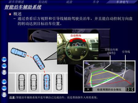 智能泊车辅助系统 概述 通过查看后方视野和引导线辅助驾驶员泊车，并且能自动控制方向盘的转动达到目标泊车位置。 自动转向 目标泊车框 (绿色)