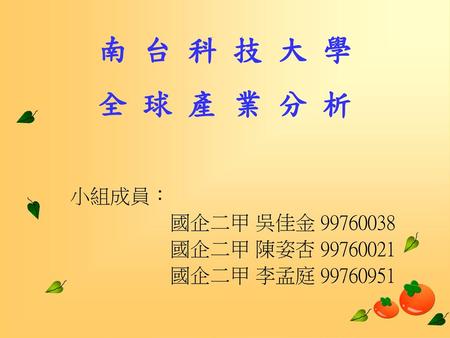 南 台 科 技 大 學 全 球 產 業 分 析 小組成員： 國企二甲 吳佳金 國企二甲 陳姿杏