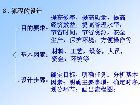 ３. 流程的设计 提高效率，提高质量，提高 经济效益，提高管理水平， 节省时间，节省资源，安全 生产，保护环境，方便操作等 基本因素：