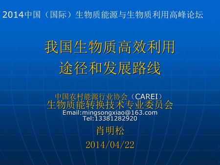 我国生物质高效利用 途径和发展路线 生物质能转换技术专业委员会 肖明松 2014/04/22