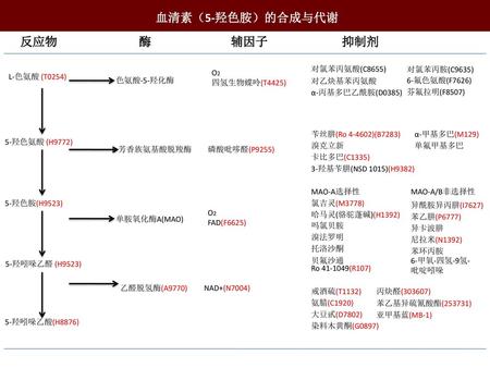 血清素（5-羟色胺）的合成与代谢 反应物 酶 辅因子 抑制剂 对氯苯丙氨酸(C8655) 对氯苯丙胺(C9635) O2