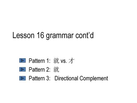 Pattern 1: 就 vs. 才 Pattern 2: 就 Pattern 3: Directional Complement