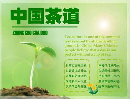 中国茶道 ZHONG GUO CHA DAO Tea culture is one of the common traits shared by all the 56 ethnic groups in China. Many Chinese people believe that a day is not.