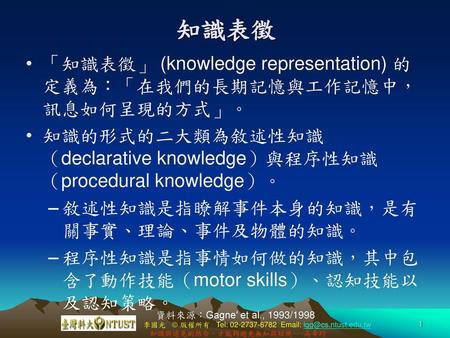 知識表徵 「知識表徵」 (knowledge representation) 的定義為：「在我們的長期記憶與工作記憶中，訊息如何呈現的方式」。 知識的形式的二大類為敘述性知識（declarative knowledge）與程序性知識（procedural knowledge）。 敘述性知識是指瞭解事件本身的知識，是有關事實、理論、事件及物體的知識。