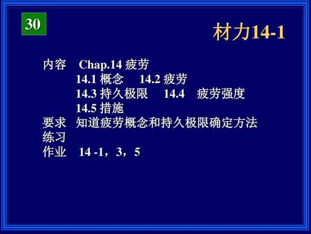 材力 内容 Chap.14 疲劳 14.1 概念 14.2 疲劳 14.3 持久极限 14.4 疲劳强度 14.5 措施