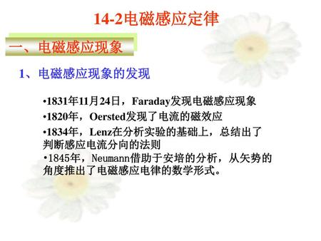 14-2电磁感应定律 一、电磁感应现象 1、电磁感应现象的发现 1831年11月24日，Faraday发现电磁感应现象