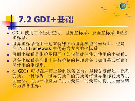 7.2 GDI+基础 GDI+ 使用三个坐标空间：世界坐标系、页面坐标系和设备坐标系。
