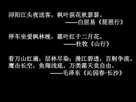 浔阳江头夜送客，枫叶荻花秋瑟瑟。 ——白居易《琵琶行》 停车坐爱枫林晚，霜叶红于二月花。 ——杜牧《山行》