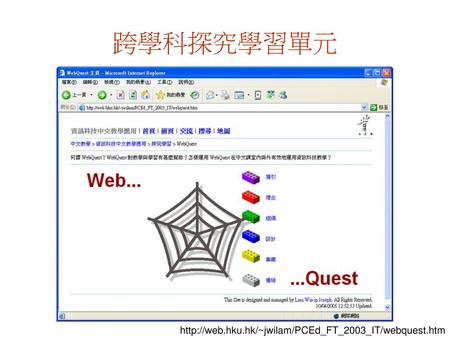 跨學科探究學習單元 http://web.hku.hk/~jwilam/PCEd_FT_2003_IT/webquest.htm.