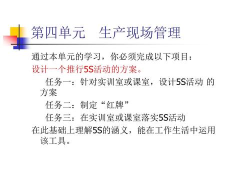 第四单元 生产现场管理 通过本单元的学习，你必须完成以下项目： 设计一个推行5S活动的方案。 任务一：针对实训室或课室，设计5S活动 的方案