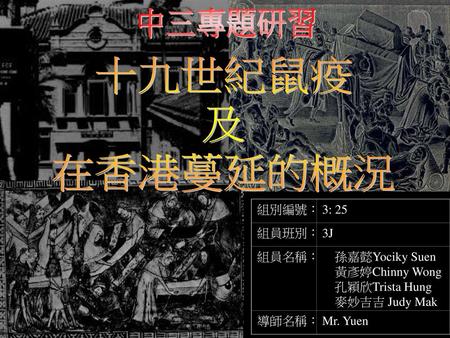 中三專題研習 十九世紀鼠疫 及 在香港蔓延的概況 組別編號： 3: 25 組員班別： 3J 組員名稱： 孫嘉懿Yociky Suen