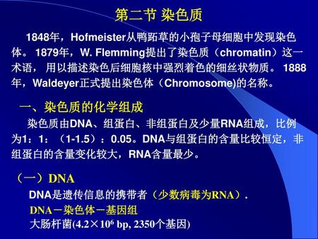 第二节 染色质 1848年，Hofmeister从鸭跖草的小孢子母细胞中发现染色体。 1879年，W. Flemming提出了染色质（chromatin）这一术语， 用以描述染色后细胞核中强烈着色的细丝状物质。 1888年，Waldeyer正式提出染色体（Chromosome)的名称。 一、染色质的化学组成.