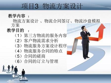 项目3 物流方案设计 教学内容 ： 物流方案设计 、物流合同签订、物流沙盘模拟方案 教学目的 ： （1）第三方物流的服务内容 （2）客户物流需求分析 （3）物流服务方案设计程序 （4）物流服务合同的特点 （5）合同的磋商 （6）合同的订立与管理.