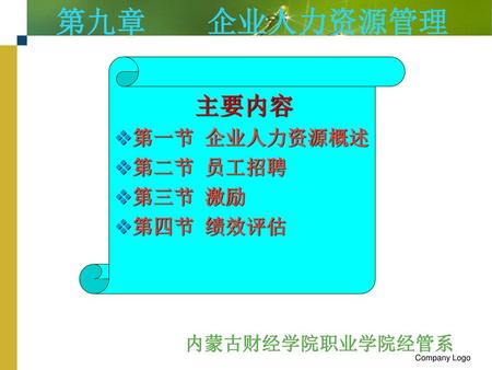 第九章 企业人力资源管理 第一节 企业人力资源概述 第二节 员工招聘 第三节 激励 第四节 绩效评估 主要内容 内蒙古财经学院职业学院经管系