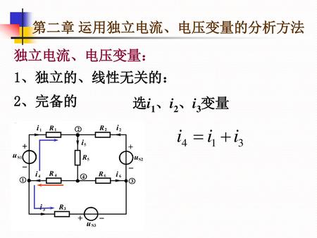 第二章 运用独立电流、电压变量的分析方法 独立电流、电压变量： 1、独立的、线性无关的： 2、完备的 选i1、i2、i3变量.