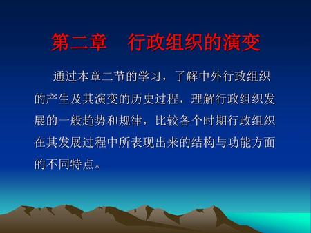 第二章 行政组织的演变 通过本章二节的学习，了解中外行政组织的产生及其演变的历史过程，理解行政组织发展的一般趋势和规律，比较各个时期行政组织在其发展过程中所表现出来的结构与功能方面的不同特点。